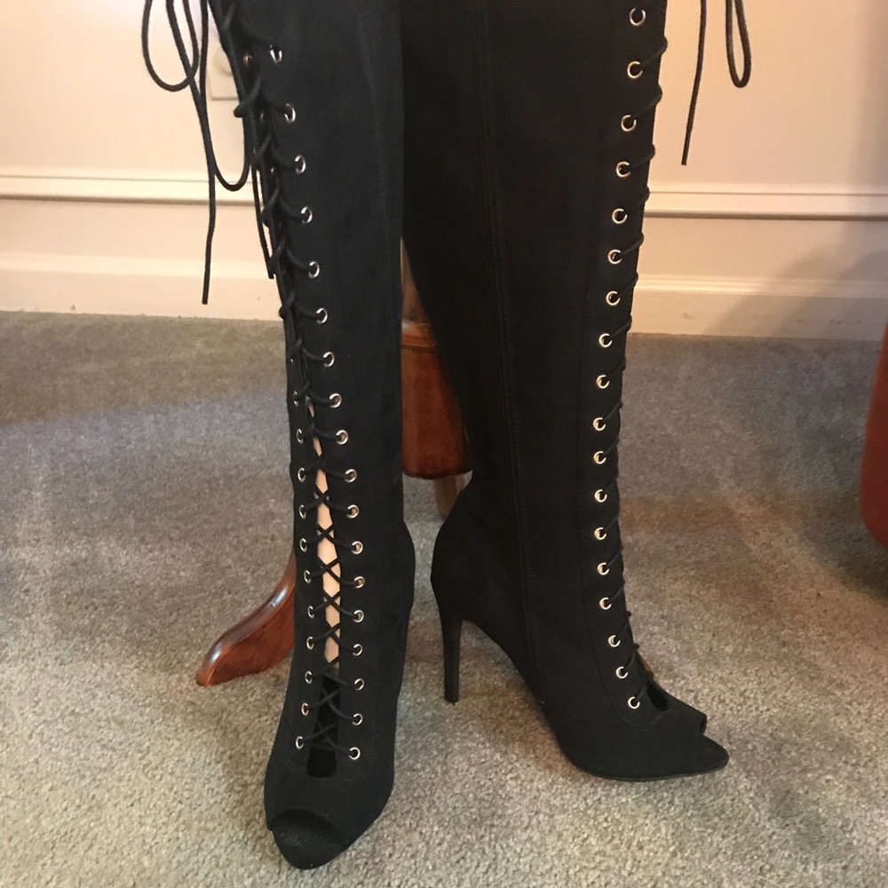 Knee high lace up peep toe boots